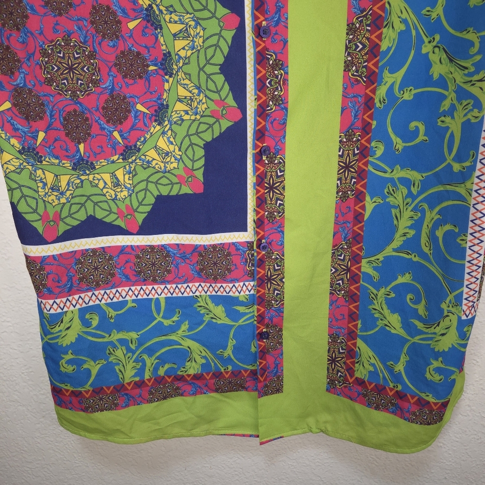 Mens Boohoo Size L Neon Green Blue Hawaiian Paisley T Shirt Short Sleeves Button - Picture 5 of 15